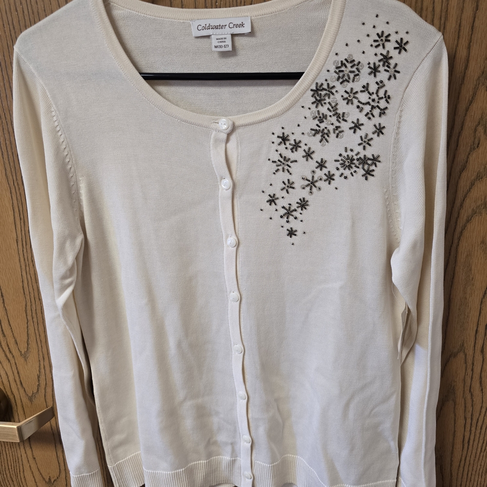 Coldwater Creek Cream Cardigan with Embellished Shoulder